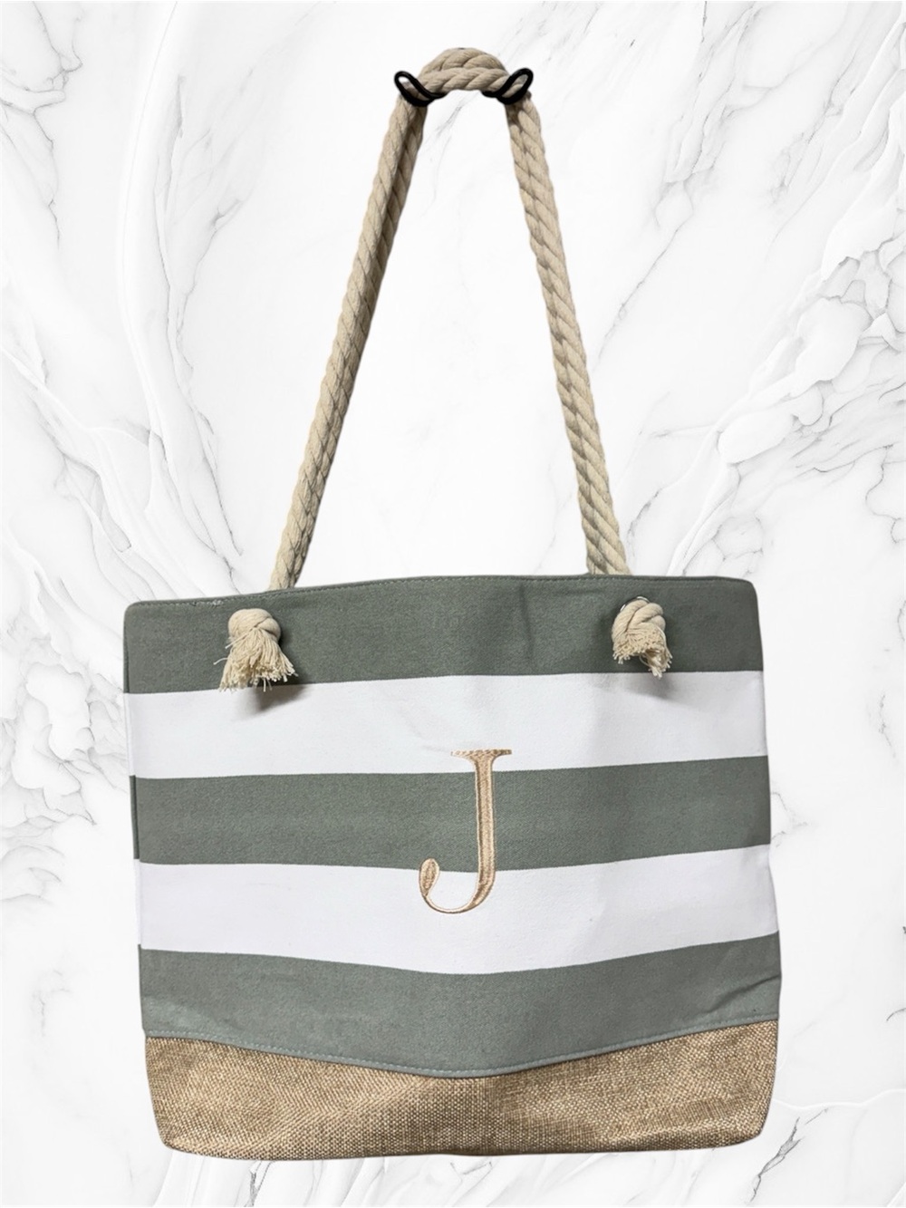 Striped Rope-Handle Tote Bag - Sage and White J embroidered